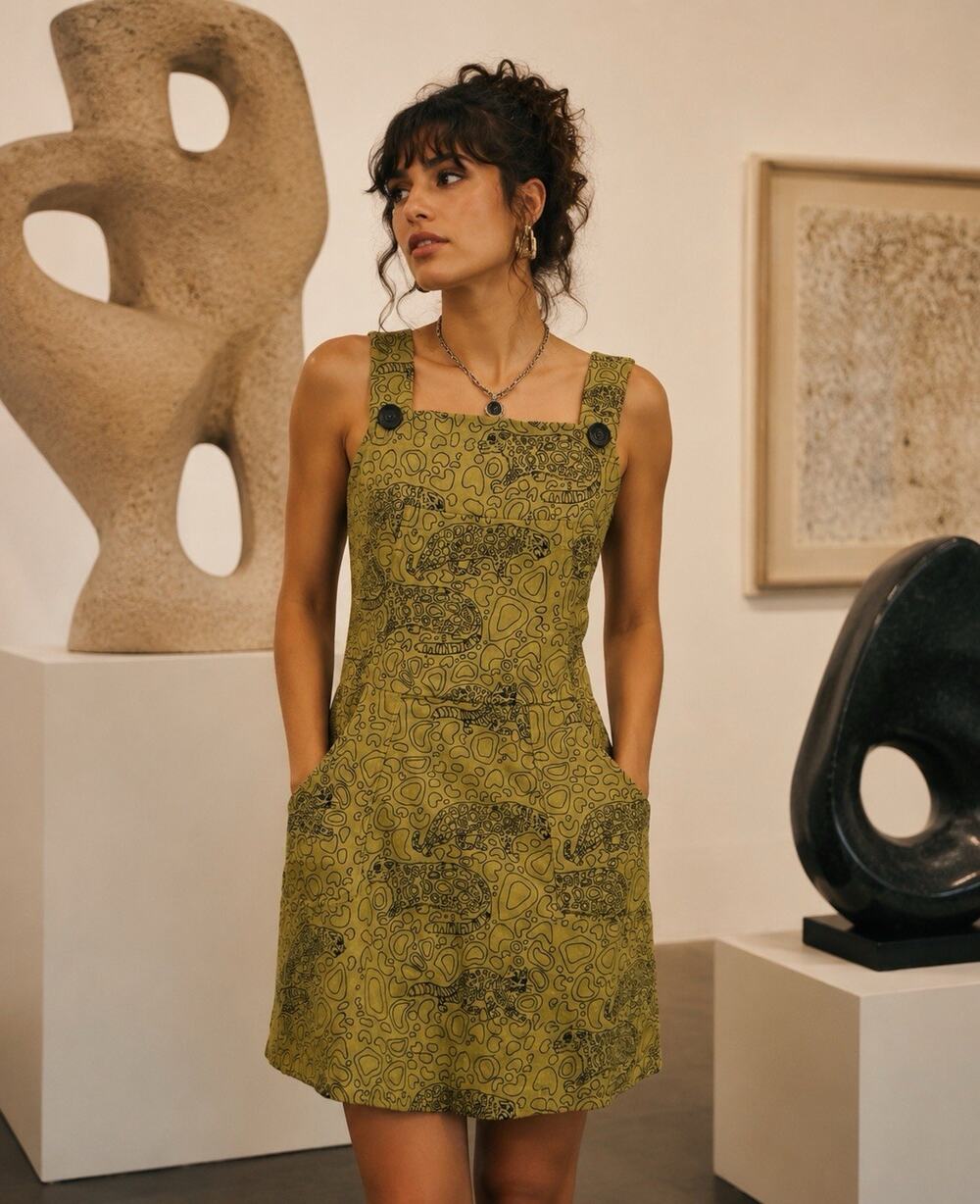 Nooworks Olive Jaguar Print Pinafore Mini Dress Art School Museumcore Sz Medium